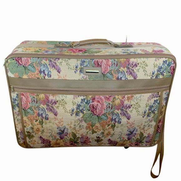 Vintage Galleria Travel Luggage | Lock & Key | Floral & Tan Rolling Suitcase - Picture 1 of 11